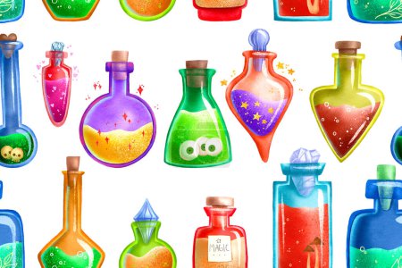 Photo for Seamless pattern of magical colored tinctures with love potions. Tincture on the skull and eyes, mushrooms. Magic elixir. Wizard background. Chemistry and alchemy. Hand drawn illustration on isolated backgroun - Royalty Free Image
