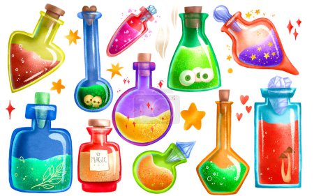 Magische Flasche Hand gezeichnet magische Spiel Trank in Glas. Flüssiges Giftgetränk der Chemie-Illustrations-Set. Elfenelixier auf isoliertem Hintergrund