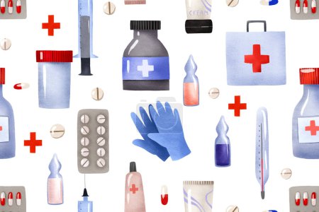 Nahtloses Muster mit medizinischen Geräten. Verbandskasten. Einfacher Hintergrund für Krankenhäuser und Apotheken. Handgezeichnetes Muster