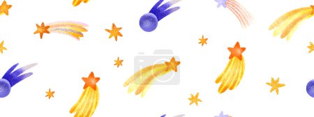 Cute seamless pattern with hand-drawn meteorites and cosmic bodies. Bright pattern. Open space. Space background. Cute baby background for children's room, textile, wallpaper, print and clothing