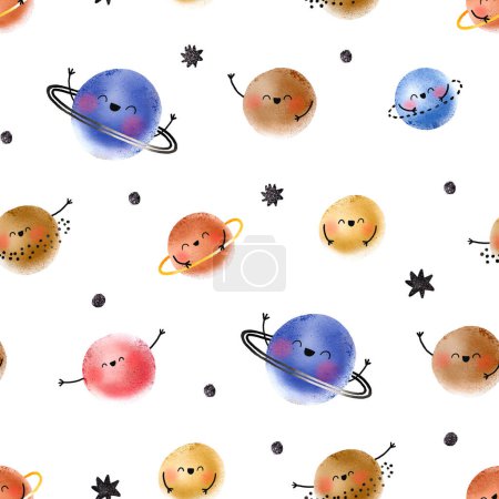 Children's seamless background with space. Endless simple pattern with funny planets and stars. Scandinavian style. Outer space. Children's illustration for textiles and packaging pape