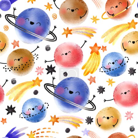 Nahtloser Hintergrund der Kinder mit Raum. Endloses Muster mit lustigen Planeten, kosmischen Körpern und Sternen. Der Weltraum. Sonnensystem im Cartoon-Stil. Kinderillustration für Textilien und Verpackungspapier