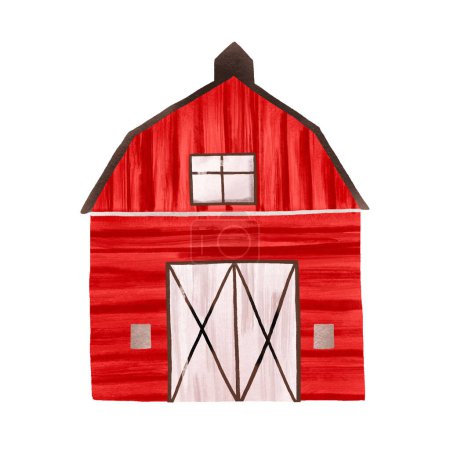 Cartoon farm building. Rural red farm. Cute hand drawn baby illustration on isolated backgroun