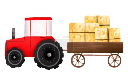 Farm red tractor with trailer and haystacks. Life in the village. Children's hand drawn illustration on isolated backgroun
