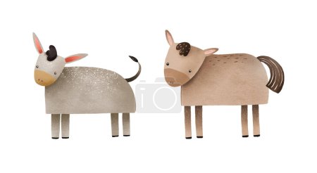 Cute children's illustration with donkey and horse. Artiodactyls from the farm. Barnyard. Simple minimalistic illustration on an isolated background
