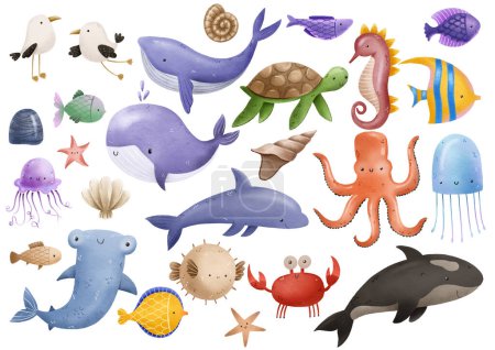 Large hand drawn set of sea animals and fish, turtles, whales, jellyfish. Ocean life, deep underwater world. Marine life. Cute childish simple illustration on isolated background