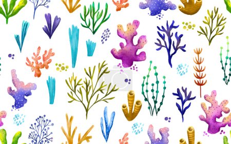 Fondo sin costuras con corales marinos dibujados a mano y algas. Mundo marino submarino. Flora of Oceania. Fabuloso mundo submarino. Ilustración dibujada a mano para niños sobre fondos aislados