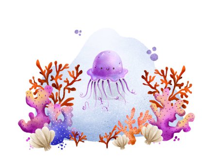 Téléchargez les photos : Carte postale dessinée à la main avec le monde sous-marin. Méduses roses, poissons, algues et coraux. Composition marine. Au fond de l'océan. Illustration mignonne pour enfant - en image libre de droit