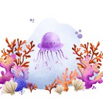 Hand-drawn postcard with the underwater world. Pink jellyfish, fish and seaweed and corals. Marine composition. At the bottom of the ocean. Cute illustration for childre