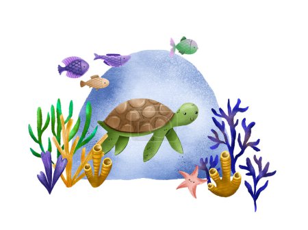 Hand-drawn postcard with the underwater world. Green turtle, fish and seaweed. At the bottom of the ocean. Cute illustration for childre