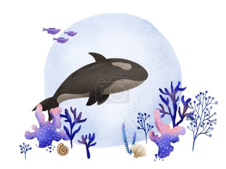 Hand-drawn postcard with the underwater world. Black killer whale and marine colored algae and corals. At the bottom of the ocean and sea. Cute illustration for childre
