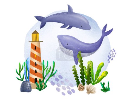 Hand-drawn postcard with the underwater world. Whale and dolphin in seaweed and corals. Seascape. At the bottom of the ocean and sea. Cute illustration for childre