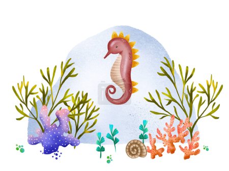 Hand-drawn postcard with the underwater world. Seahorse with sea colored algae and coral. Seascape. At the bottom of the ocean and sea. Cute illustration for childre