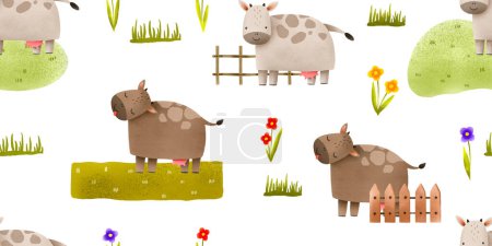 Bauernhof nahtlose Muster mit Kuh. Niedliche Cartoon-Kuh in der Nähe zu Fuß auf grünem Gras, Holzzaun. Nette Kinder endlosen Hintergrund. Verwendung für Packpapier, Kleidung, Wandkunst, Textilien
