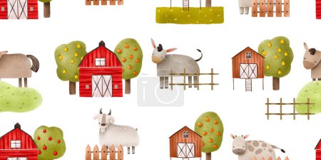 Niedliche Haustiere nahtlose Muster. Handgezeichnete Haustiere. Rustikaler nahtloser Hintergrund mit Bauernhaus, Bäumen, Pferd, Ziege, Kuh. Hintergrund Dorflandschaft