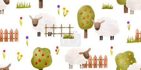 Ferme modèle sans couture avec des moutons. Mignon mouton dessin animé près des arbres fruitiers et clôture en bois. Enfants mignons fond sans fin. Utilisation pour papier d'emballage, vêtements, art mural, textile