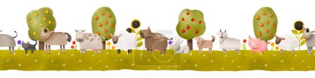 Farm seamless border pattern. Endless hand drawn background with cows, sheeps, horse, donkey and domestic animals. Landscape with fruit trees. Perfect for nursery, kids clothes, wallart