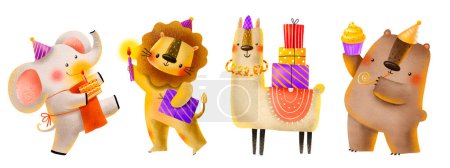 Foto de Conjunto de animales del zoológico para las vacaciones. Oso elefante alpaca y león. Ilustración hecha a mano. Lindo niños dibujos animados ilustración de vacaciones para el cumpleaños de los niños y baby shower. Celebrando Feliz Cumpleaños - Imagen libre de derechos