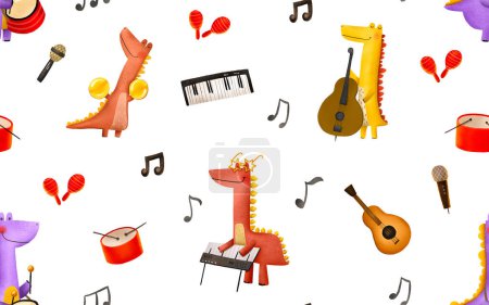 Seamless pattern with dinosaur musicians. Rock star dinosaurs perform in an orchestra. Musical group. Kids illustration. Endless hand drawn background illustration. Ideal for textile print desig
