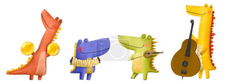 Dinosaurs are rock stars. Musicians play musical instruments in an orchestra. Funny cartoon illustration. Hand drawn children's illustration on isolated background. Ideal for  print and design