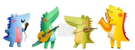 Photo for Orchestra of cute dinosaurs. Musicians play musical instruments. Hand drawn children's illustration on isolated background. Ideal for children's, print, design, sticker - Royalty Free Image