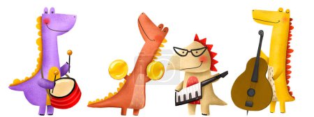 Rock star dinosaur illustration. Musicians play musical instruments in an orchestra. Cartoon illustration. Hand drawn children's illustration on isolated backgroun