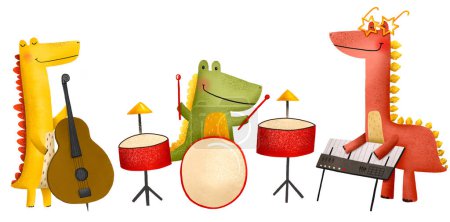 Los dinosaurios tocan instrumentos musicales en una orquesta. Estrellas del rock. Dinosaurios músicos. Ilustración infantil dibujada a mano sobre fondo aislado