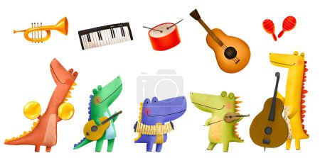 Cute illustration with dinosaurs. Dinosaurs Rock stars and musical instruments. Orchestra. Cartoon characters. Hand drawn children's illustration on isolated backgroun