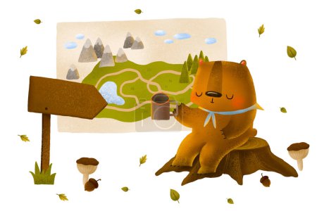 Composition with a bear near the tourism map and wooden sign. Hiking in the mountains. Tourism. Cute childish hand drawn illustration on isolated backgroun