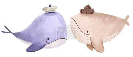 Two whales look at each other. Cartoon characters. Fishes and the underwater world. Cartoon whale sailor. Cute hand drawn children's illustration on isolated background. Kids nautical illustratio