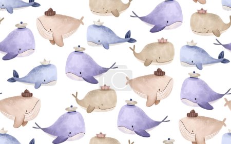 Seamless pattern with colored cartoon whales. Fishes and the underwater world. Whale sailor. Cute hand drawn children's illustration on isolated background. Kids nautical background