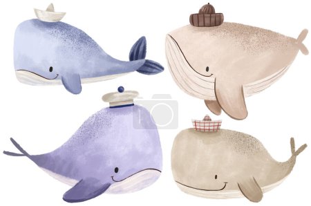 Set of cartoon whales. Fishes and the underwater world. Cartoon whale sailor. Cute hand drawn children's illustration on isolated background. Kids nautical backgroun