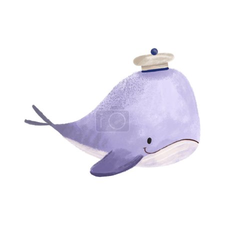 Blue cartoon whale wearing a sailor's hat. Cute hand drawn baby illustration on isolated backgroun