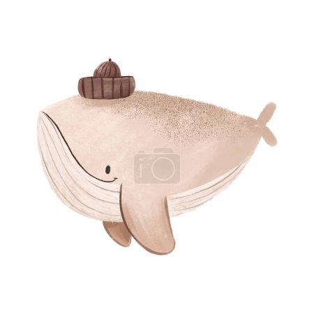 Pink cartoon whale wearing a knitted hat. Cute hand drawn baby illustration on isolated backgroun