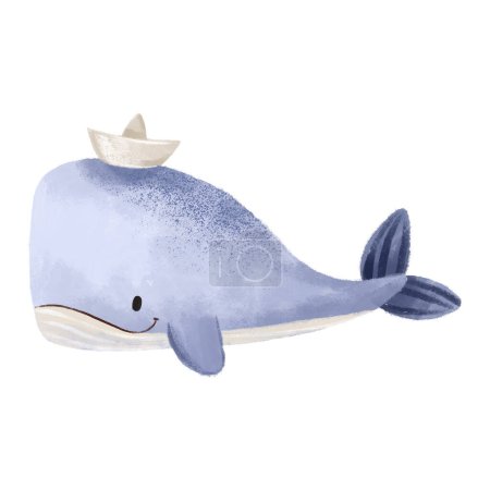 Ballena azul de dibujos animados con gorra de papel. Marinero ballena. Linda ilustración dibujada a mano del bebé en el fondo aislado