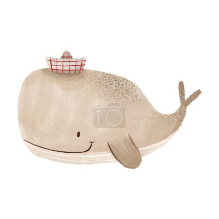 Pink cartoon whale in a paper cap. Whale sailor. Cute hand drawn baby illustration on isolated backgroun