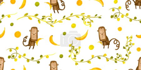 Seamless pattern with cartoon monkeys with a banana near the vines. Nature jungle. Children's hand drawn illustration on isolated background. Ideal background for textiles and print