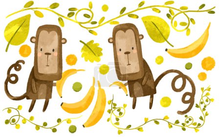 Conjunto de monos de dibujos animados con plátano. Lianas y selva. Ilustración dibujada a mano sobre fondo aislado. Ideal para pegatinas y printin