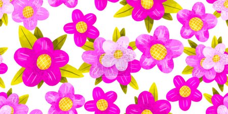 Seamless background of blooming pink flowers. Cartoon illustration. Hand drawn illustration on isolated backgroun