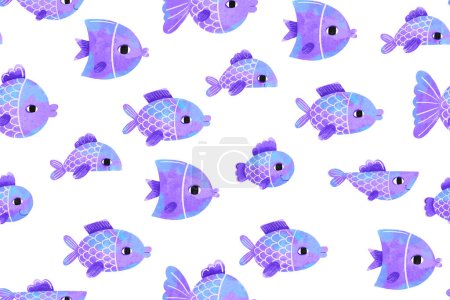 Seamless pattern with cartoon blue fish. Deep underwater. Children's hand drawn illustration on isolated backgroun