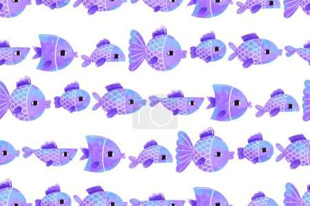 Seamless pattern with cartoon blue striped fish. Deep underwater. Underwater world of the ocean. Children's hand drawn illustration on isolated backgroun