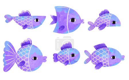Conjunto de peces azules y morados en estilo de dibujos animados con grandes ojos. Ideal para pegatinas y decoración de habitaciones para niños. Ilustración dibujada a mano para niños sobre fondos aislados