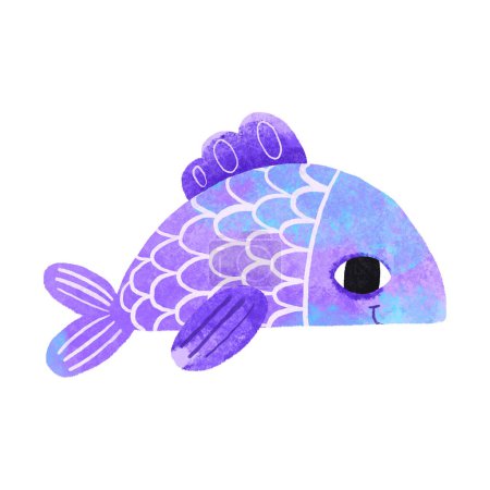 Blue fish in cartoon style with big eyes. Ideal for stickers and decoration. Children's hand drawn illustration on isolated backgroun