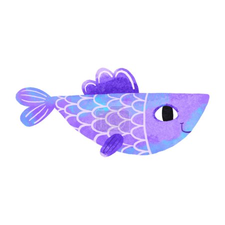 Blue and purple long fish in cartoon style with big eyes. Ideal for stickers and children's room decor. Children's hand drawn illustration on isolated backgroun