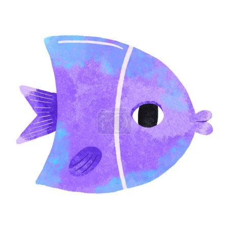 Poisson bleu et violet dans le style dessin animé avec de grands yeux. Idéal pour autocollants et décoration de chambre d'enfants. Illustration dessinée à la main sur un backgroun isolé
