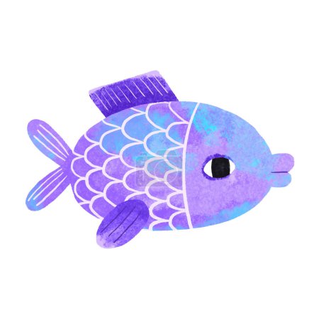 Blue and purple round fish in cartoon style with big eyes. Ideal for stickers and children's room decor. Children's hand drawn illustration on isolated backgroun
