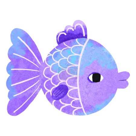 Blue fish in cartoon style with big eyes. Children's hand drawn illustration on isolated backgroun