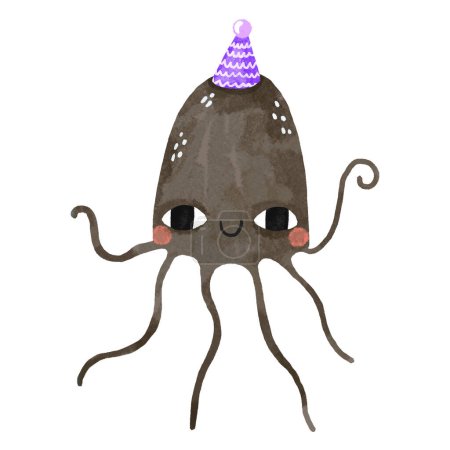 Black jellyfish in cartoon style. Medusa in a festive cap celebrates  birthday. Undersea world. Children's hand drawn illustration on isolated backgroun