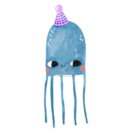 Blue jellyfish in cartoon style. Medusa celebrates  birthday. Medusa in a festive cap. Children's hand drawn illustration on isolated backgroun