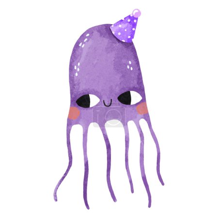 Purple jellyfish in cartoon style. Medusa celebrates  birthday. Medusa in a festive cap. Undersea world. Children's hand drawn illustration on isolated backgroun